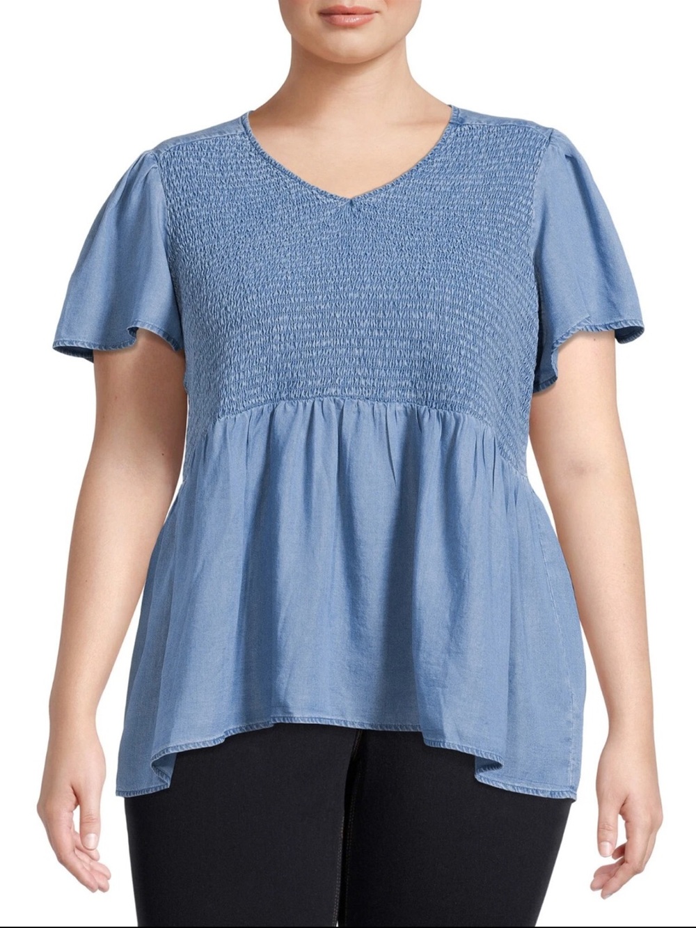 Terra & Sky Chambray Smocked V-Neck Flutter Sleeve Top Blue Size 3X
